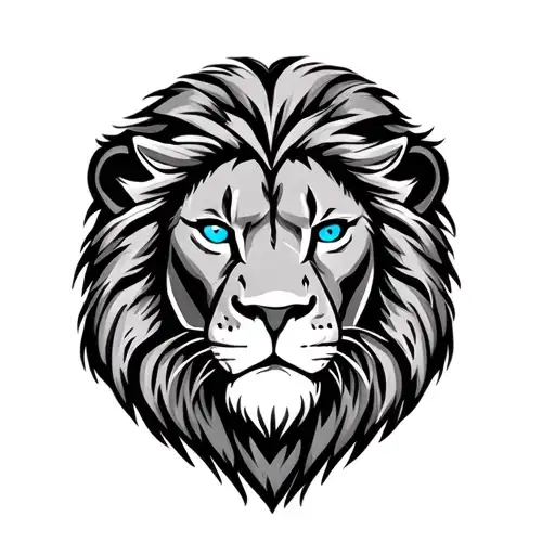 lion head with blue eyes surrounded by the names Palmer, Maddux, and Callan  tattoo design idea