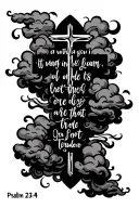 bible verse psalm 23:4 with a cross and clouds surrounding  tattoo design idea