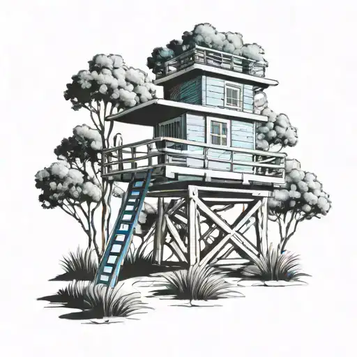 blue Los Angeles lifeguard tower in Aspen trees tattoo design idea