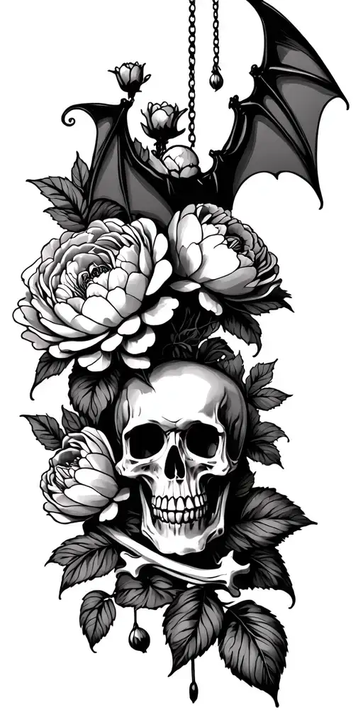 peonies wrapping around with a bat hanging upside down and one skull with crossbones  tattoo design idea