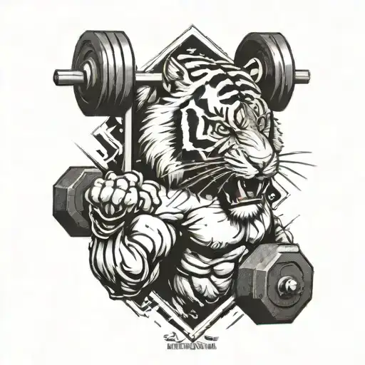 A tattoo of a strong and fierce tiger lifting weights, symbolizing the client's passion for weightlifting and strength training tattoo design idea