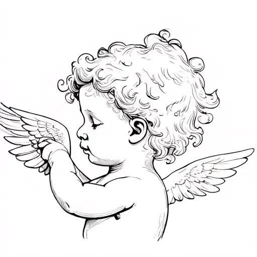 Simple lined sketch of a cherub whispering into ear tattoo design idea