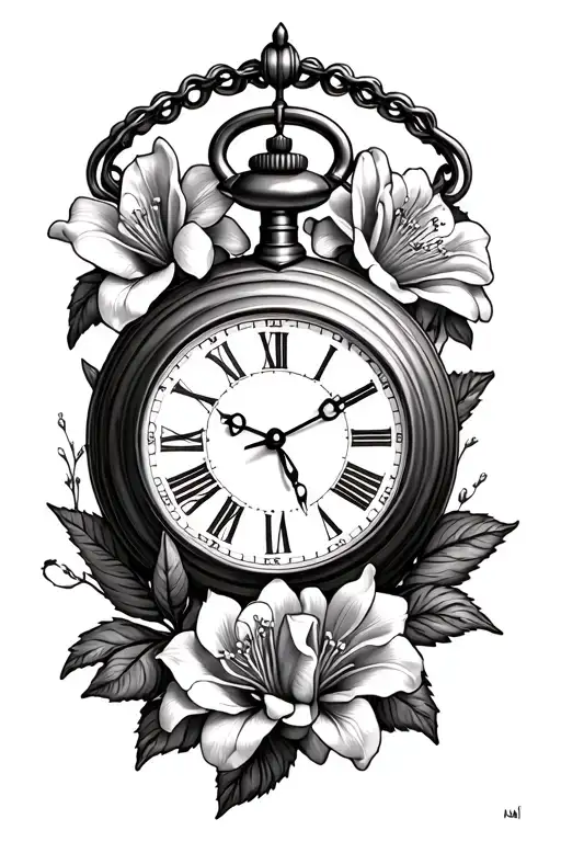 roses sweet Williams lilies pocket watch tattoo design idea