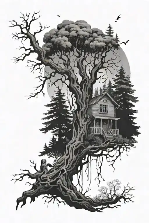 A haunting forest landscape with hidden horror movie references, representing the client's interest in horror and nature tattoo design idea