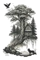 A haunting forest landscape with hidden horror movie references, representing the client's interest in horror and nature tattoo design idea
