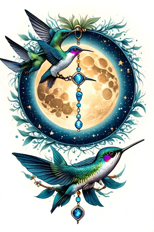 A rosary with the constellation of the fish and the lunar cycle and a hummingbird tattoo design idea