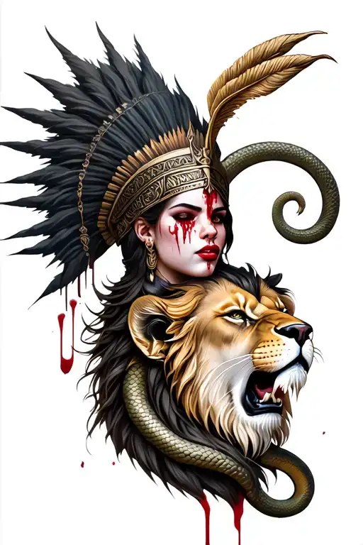 warrior princess face with bloody lip with tribal headdress on top of a lions head over a serpent eating its own tail tattoo design idea