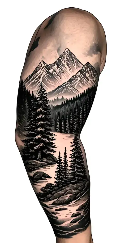 generate a beautiful arm sleeve tattoo of the three sisters mountains in bend Oregon surrounded by a pine tree forest tattoo design idea