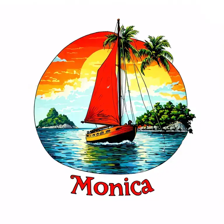 "Monica" sailboat in foreground, background full sunrise sky, small island in far background with plam vibrant colors no borders tattoo design idea