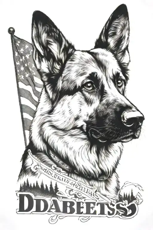 portrait of German shepherd saying "diabetes" in mountain scene with flag waving tattoo design idea