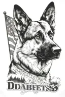 portrait of German shepherd saying "diabetes" in mountain scene with flag waving tattoo design idea