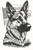 portrait of German shepherd saying "diabetes" in mountain scene with flag waving tattoo design idea