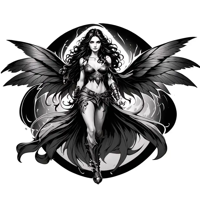 Warrior Fairy walking with long black wavy hair and crimson wings tattoo design idea