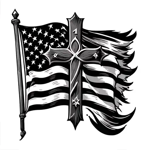 Can you design a tribal cross tattoo with a Betsy Ross american flag with 1776 in it and navy sailor tribute tattoo design idea