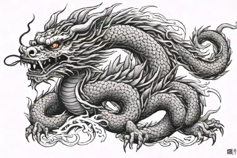 Japanese Dragon With Long realistic Body, normal eyes Black And Grey Tattoo hd quality tattoo design idea