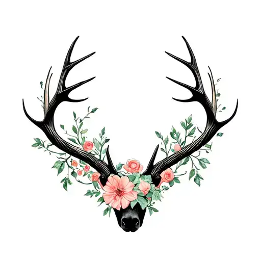 "Cuckold of Silke" cuckold antlers intertwined with vines and lots of flowers tattoo design idea