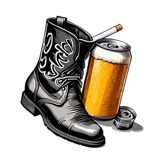 Cowboy boot with a motor piston hanging out of the boot, with a cigarette and a beer can tattoo design idea