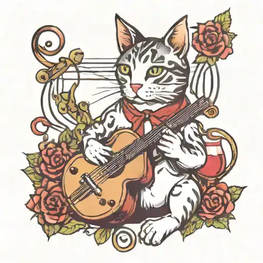 cat wine music notes tattoo design idea