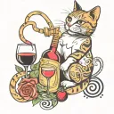 cat wine music notes tattoo design idea