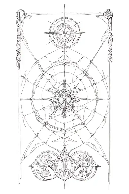 web of wyrd with patientia ad accipiendum above and fortitudo ad perficiendum below tattoo design idea