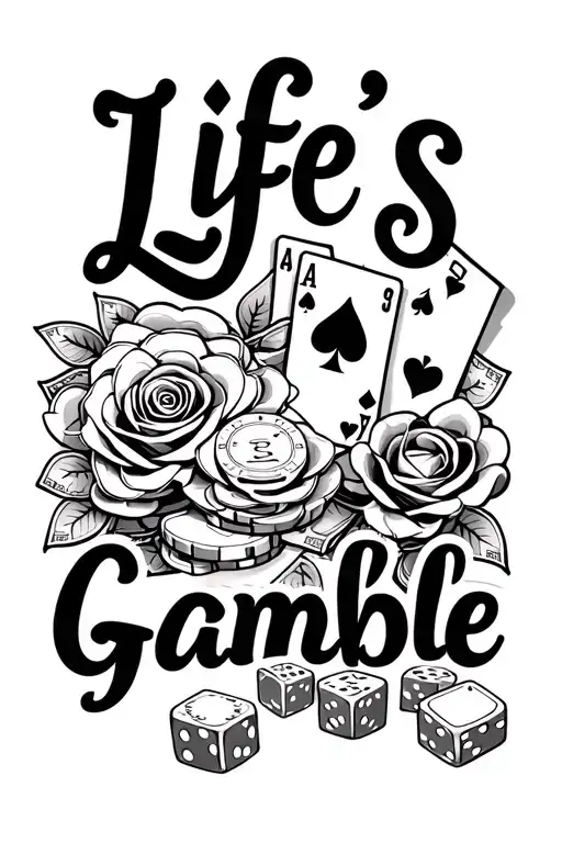 "Life's a Gamble" "Life's a Gamble" casino themed featuring chips, money, dice, cards, and a rose some where in the background tattoo design idea