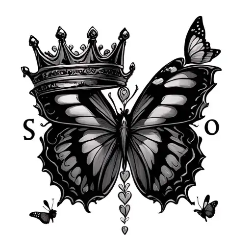 letter s e o and crown with butterfly emerging tattoo design idea