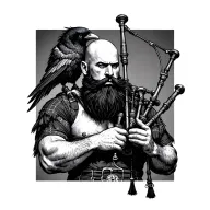 bald bagpiper with black beard with crow featherd muscular body with a mans head and hands playing blackbagpipes tattoo design idea