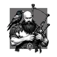 bald bagpiper with black beard with crow featherd muscular body with a mans head and hands playing blackbagpipes tattoo design idea