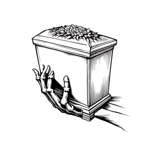  traditional skeleton hand opening large coffin from inside  tattoo design idea