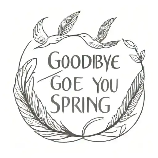 A crane's feather with the text "goodbye, see you in spring" in a simple tattoo style and only black tattoo design idea