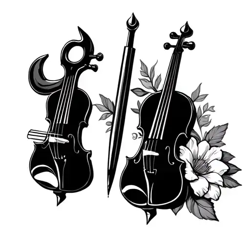 Pen, wrench, weapon, flower, violin tattoo design idea