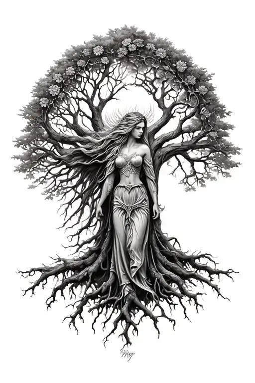 freya norse goddes growing together ygg drasil tree tattoo design idea