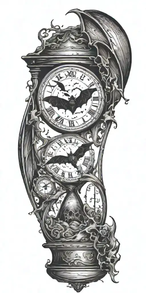 Dark scenery. A big bat wrapping an hour glass with the sand of time. Chaotic and morbid background. Terror and dread. tattoo design idea