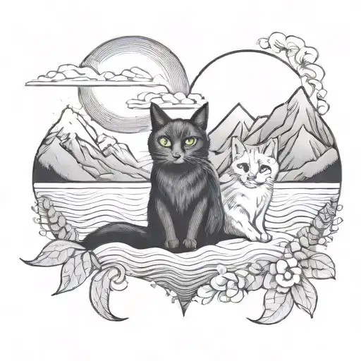 pair of matching tattoos for a married couple that loves cats, mountains and ocean. one cat is smaller and one is bigger tattoo design idea