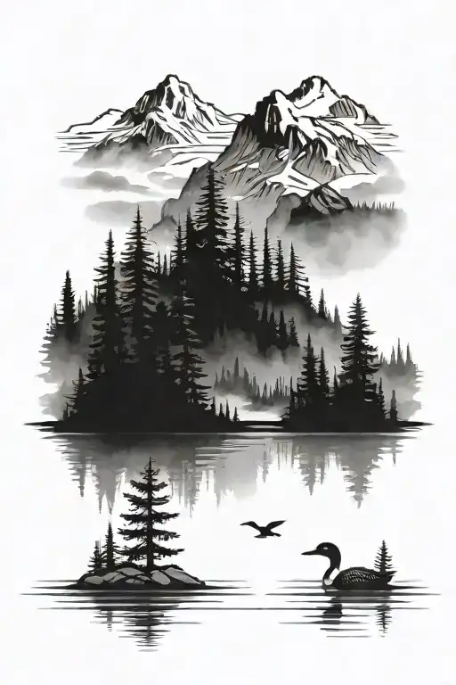 nature mountains loons forest lake fog tattoo design idea