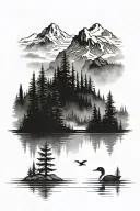 nature mountains loons forest lake fog tattoo design idea