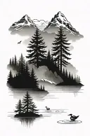 nature mountains loons forest lake fog tattoo design idea