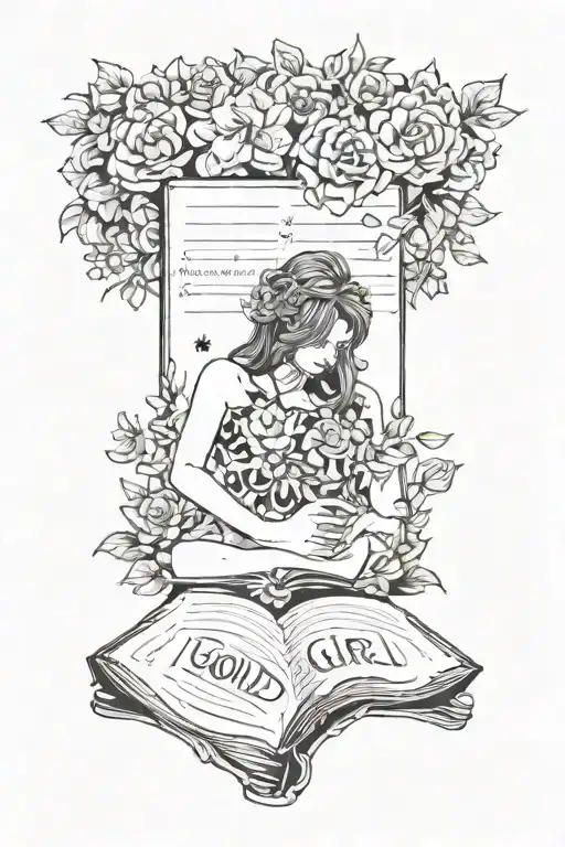  Open book with Good girl written on it with two sets of hands in a BDSM stlye surrounded by flowers sexy and scandalous tattoo design idea