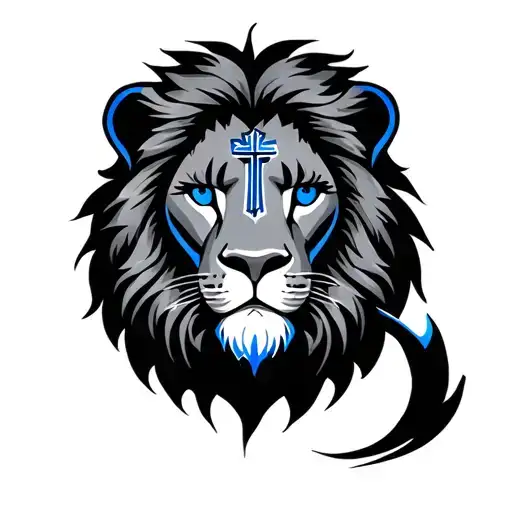lion face, cross in the eye, eyes blue tattoo design idea