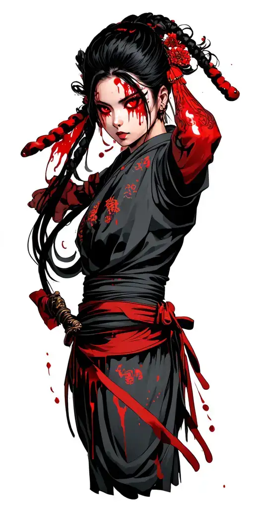 Japanese themed martial arts warrior, with hot babe blood red eyes in combat hot clothes with blood dripping tattoo design idea