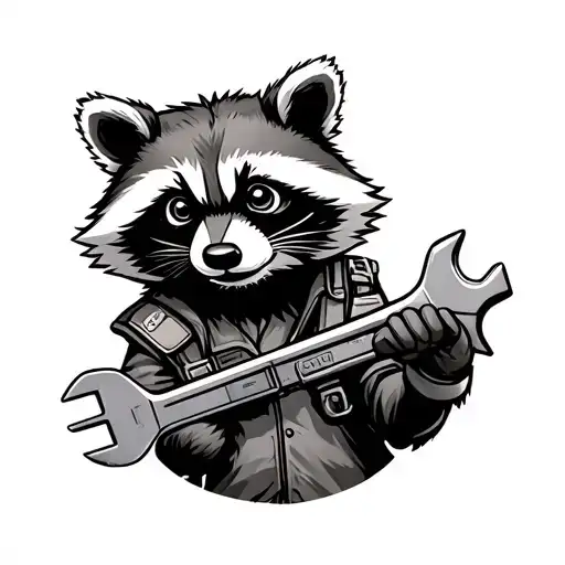 raccoon as aircraft mechanic holding a wrench tattoo design idea
