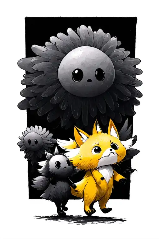 studio ghibli characters walking in a line from smallest to biggest - in order of: soot sprite, kodoma, yellow fox squir tattoo design idea