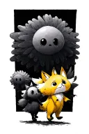 studio ghibli characters walking in a line from smallest to biggest - in order of: soot sprite, kodoma, yellow fox squir tattoo design idea