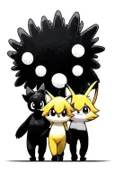 studio ghibli characters walking in a line from smallest to biggest - in order of: soot sprite, kodoma, yellow fox squir tattoo design idea