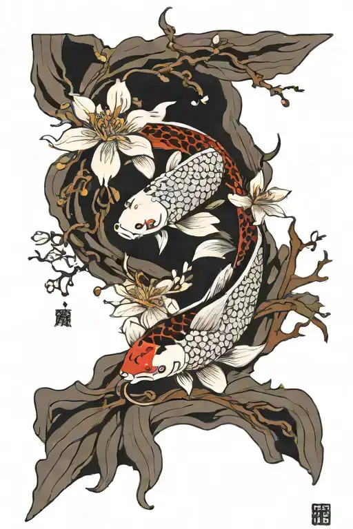 Koi fish, Phoenix, Cherry blossom, Ronin samurai, Katana, Mountain, Snow, Tattoo arm sleeve tattoo design idea