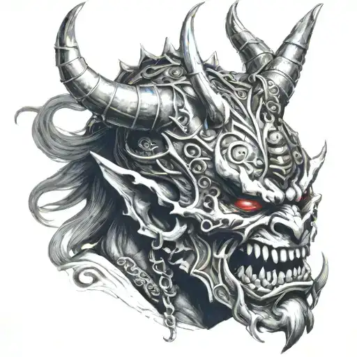 Cyber Oni Mask Samuria fighting his inner demons tattoo design idea