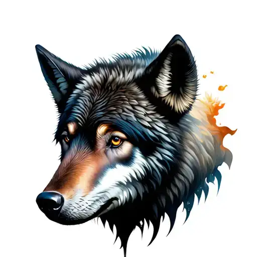 black wolf and white wolf around bison head emerging tattoo design idea