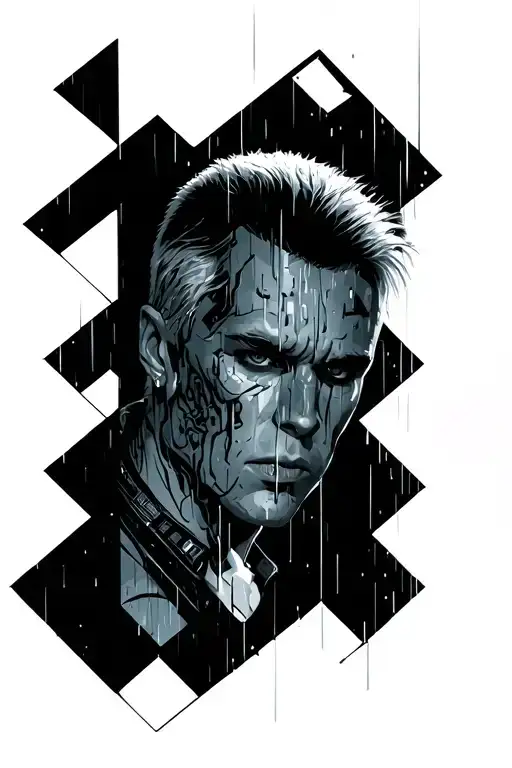 homage to blade runner closing scene Roy Batty loves life, tears in rain sequence cyberpunk dystopia tattoo design idea