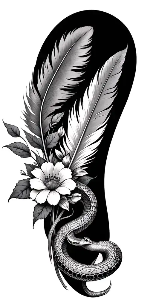 black and grey floral sleeve with a feather and a small snake intertwined tattoo design idea