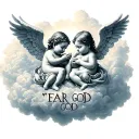 "FEAR GOD" "FEAR GOD" clouds surrounding 2 baby angel tattoo design idea